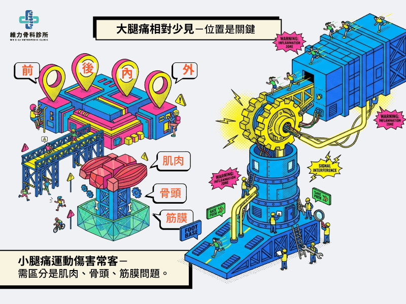 大腿痛位置關鍵;小腿痛區分肌肉、骨頭、還是筋膜