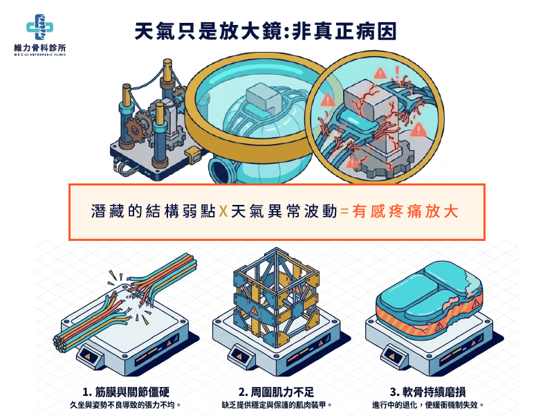 天氣是放大鏡非病因,結構的弱化加乘天氣因子導致痛感放大